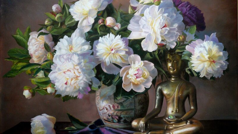 Buddha Statue with Peonies — White, Serene