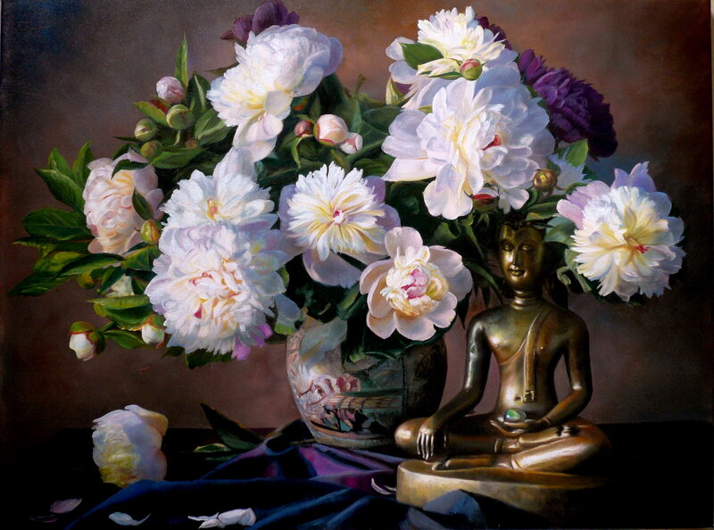 Buddha Statue with Peonies — White