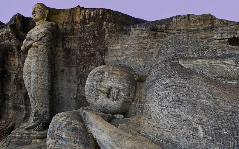 Buddha Statues at Dambulla — Gray, Serene, Sunset