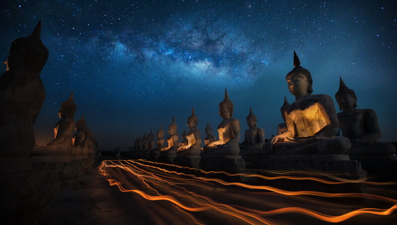 Buddha Statues at Night — Blue