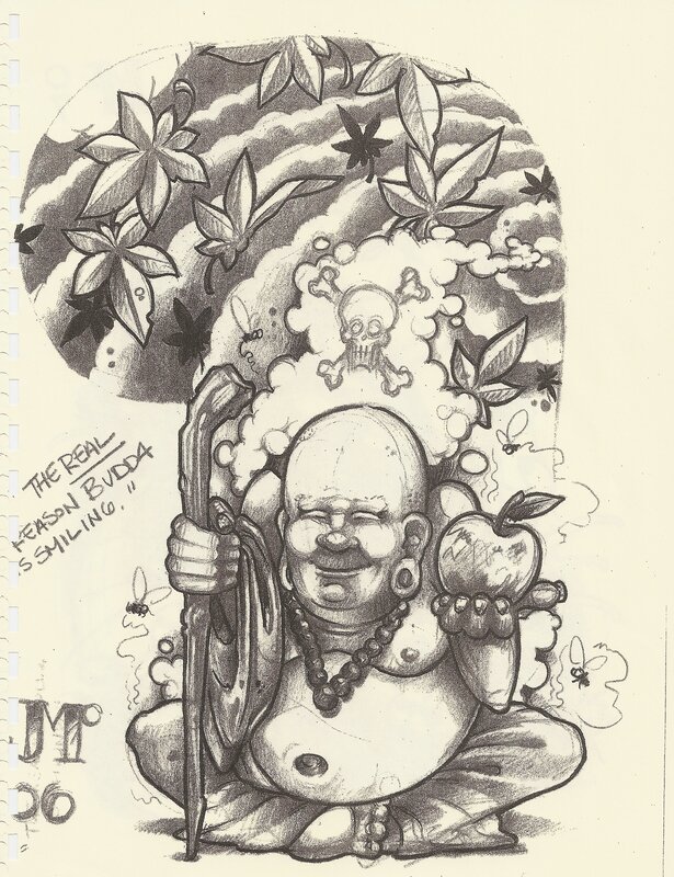 Buddha with apple and skull
