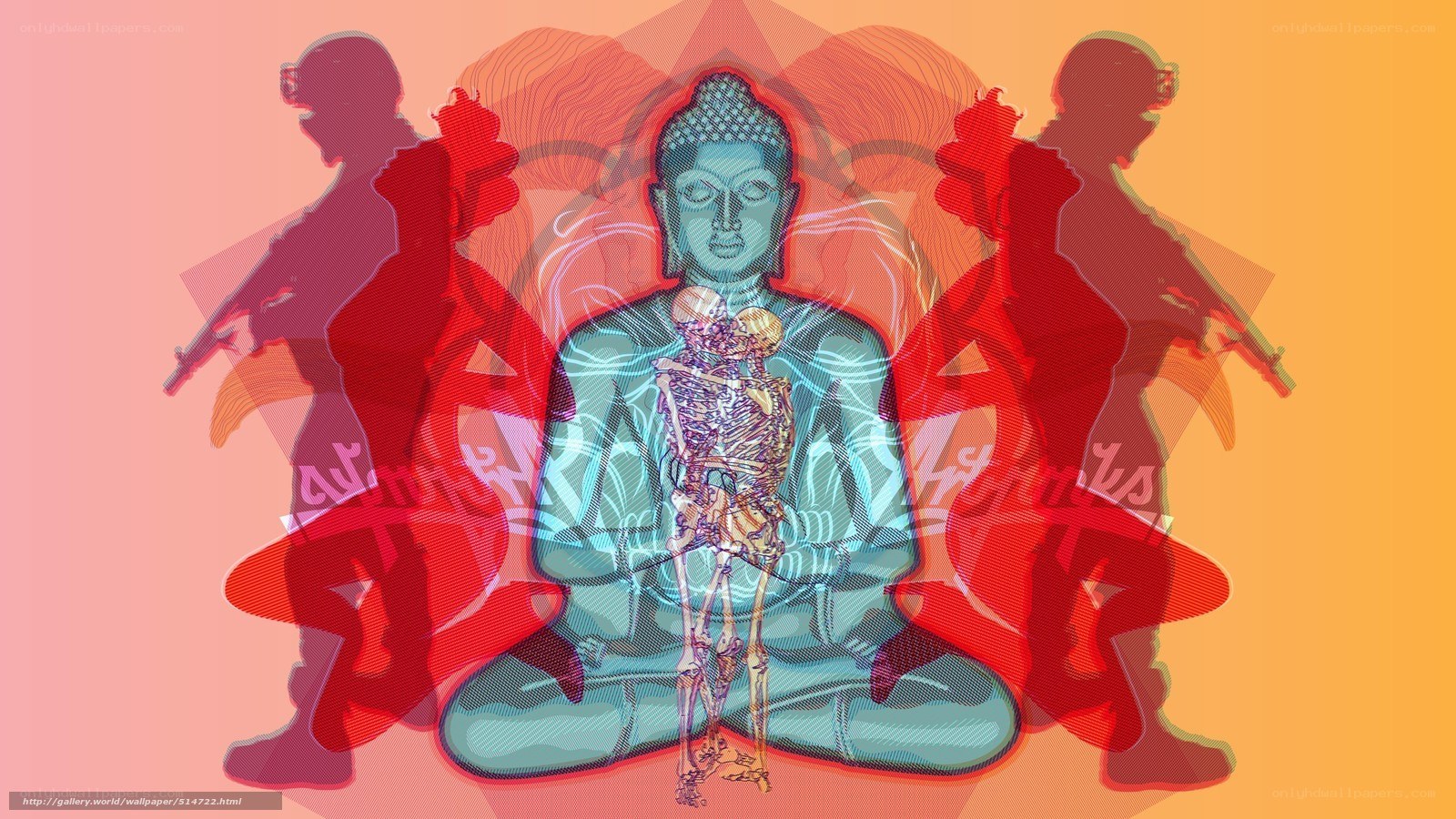 Buddha with soldiers and skeleton