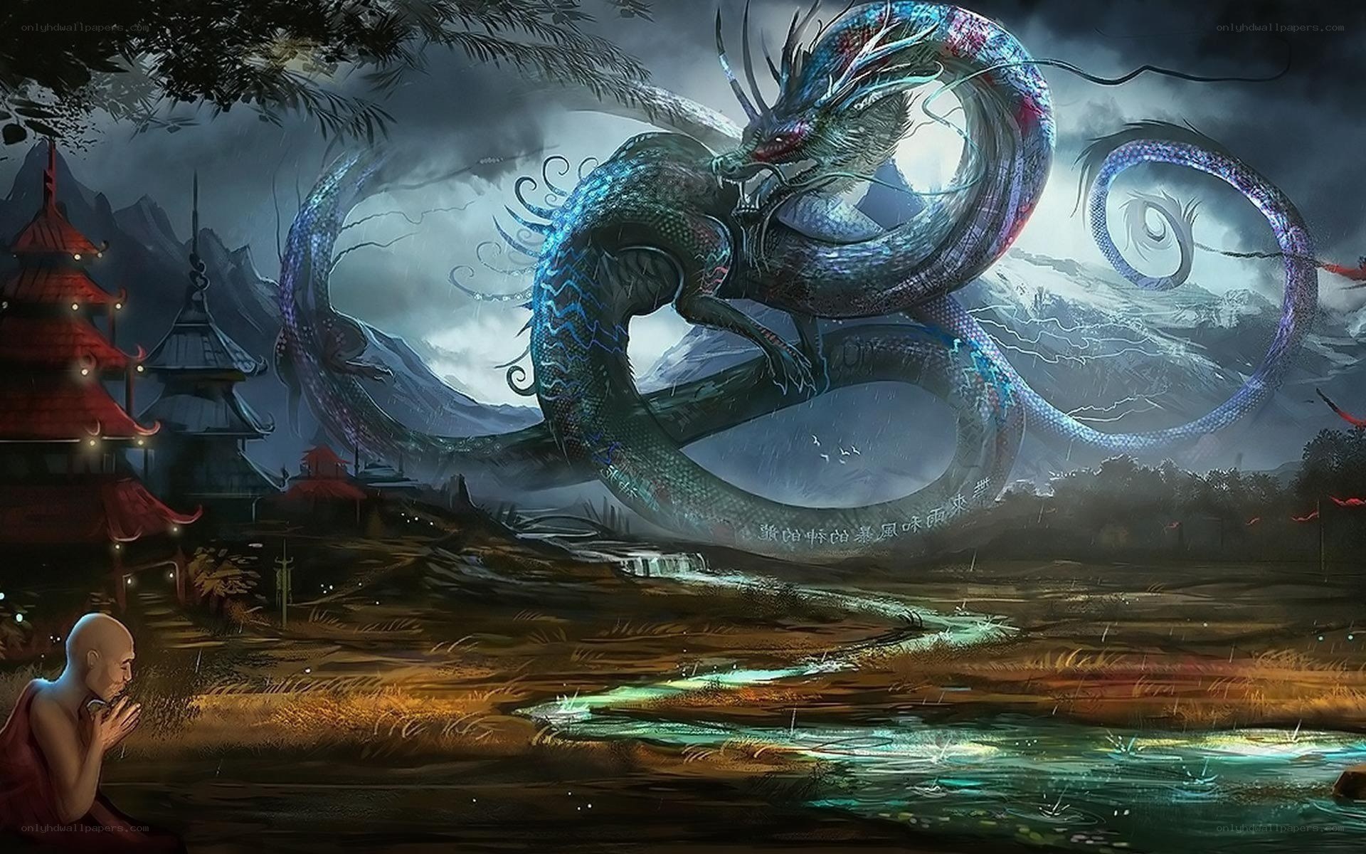 Buddhist monk and a dragon