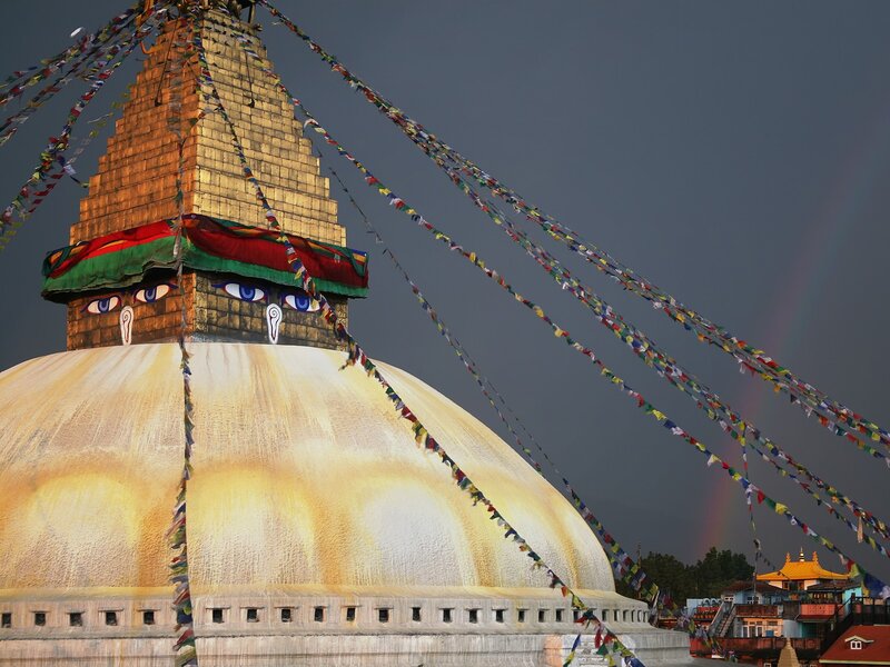 Buddhist stupa with prayer flags