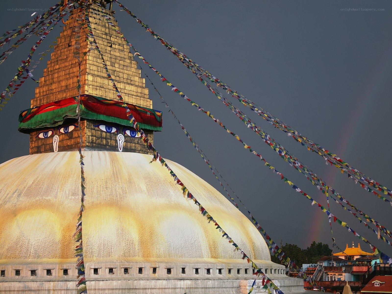 Buddhist stupa with prayer flags