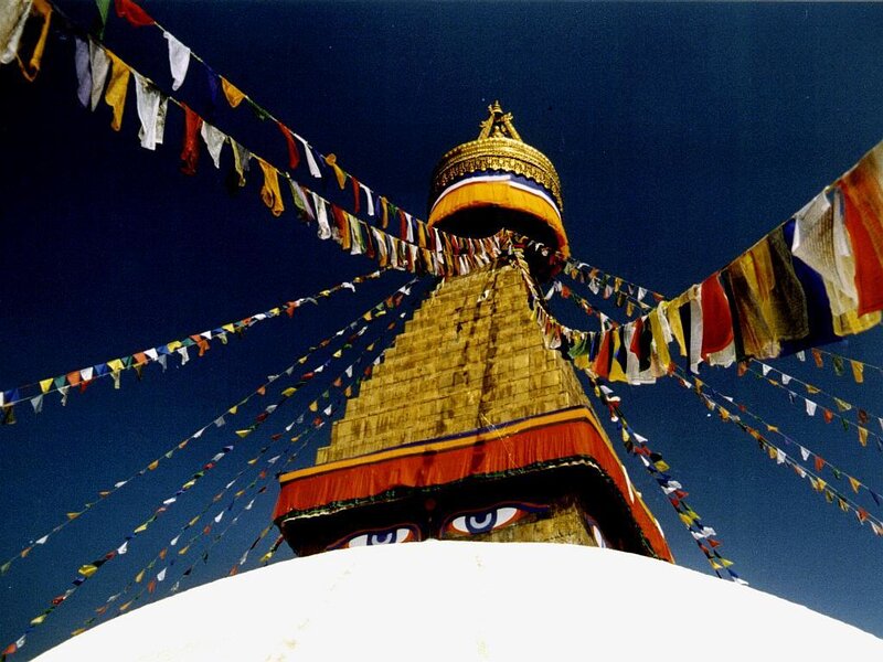Buddhist Stupa with Prayer Flags — Blue