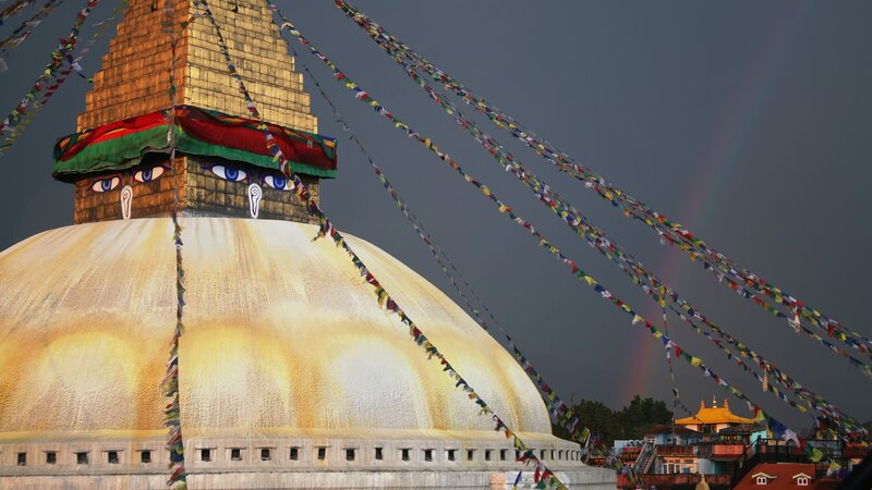 Buddhist stupa with prayer flags