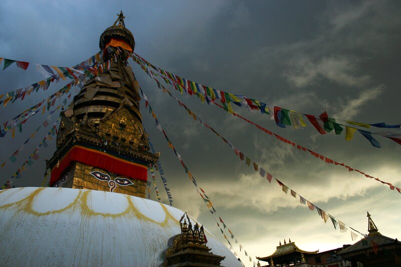 Buddhist Stupa with Prayer Flags — White, Dramatic