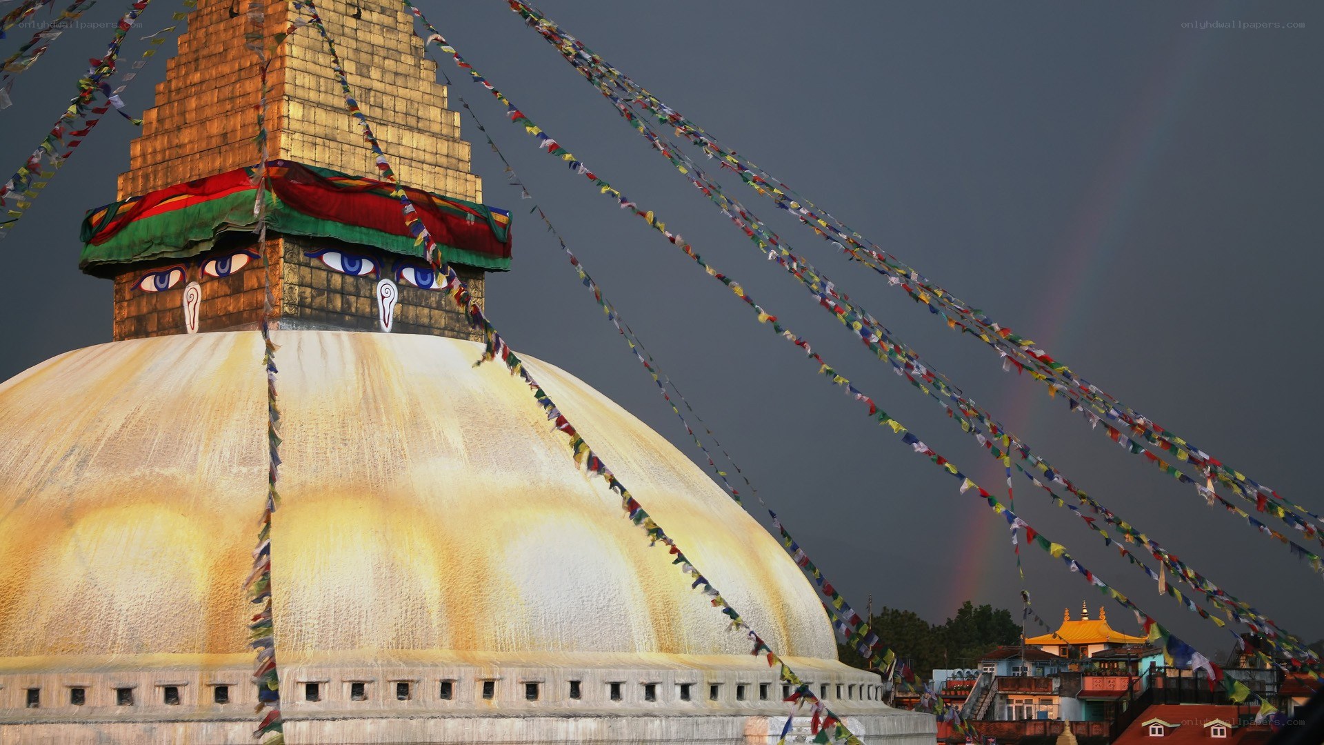 Buddhist stupa with prayer flags