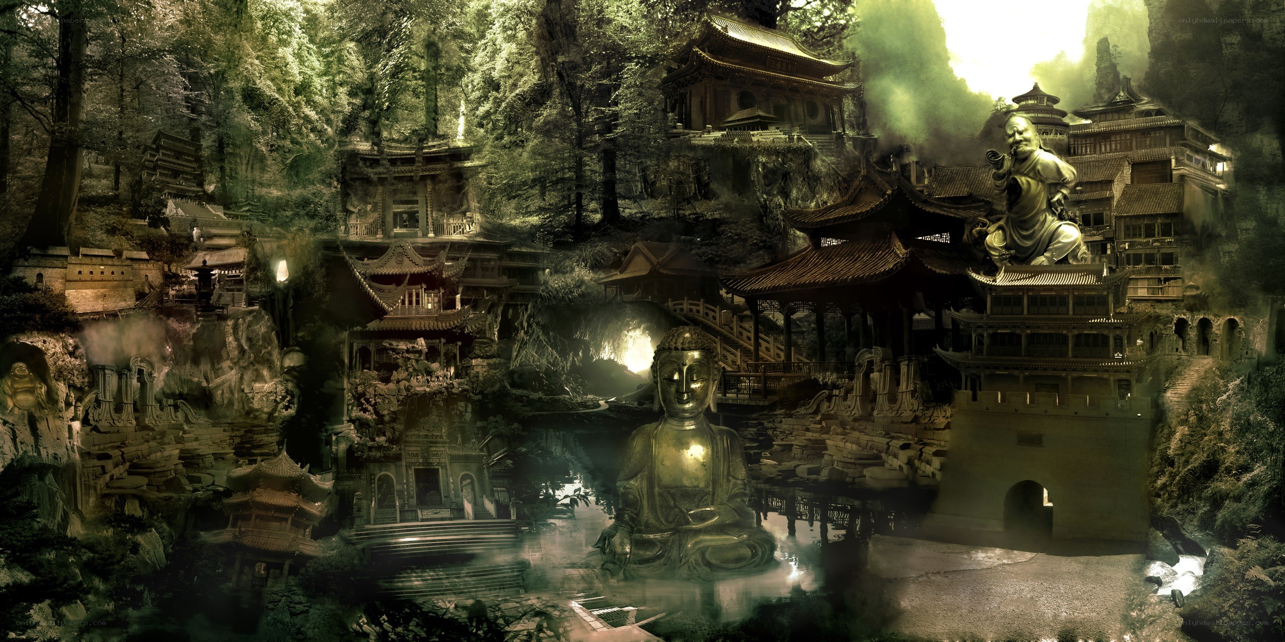 Buddhist temple in a misty forest