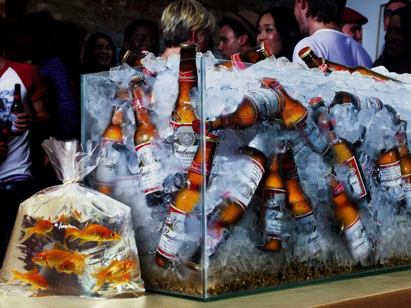 Budweiser bottles in ice display
