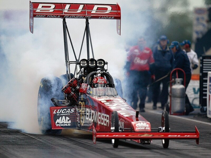 Budweiser dragster on track