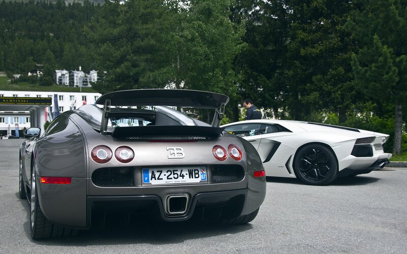 Bugatti and Lamborghini parked