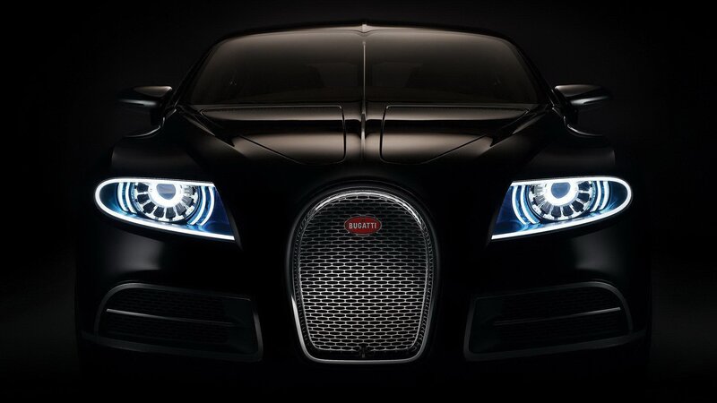 Bugatti Car Front View — Black, Dramatic, Night, Photograph, Headlights