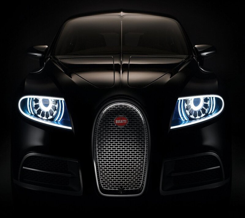 Bugatti Car Front View — Black, Dramatic, Night