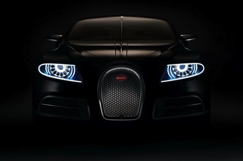 Bugatti Car Front View — Black, Dramatic