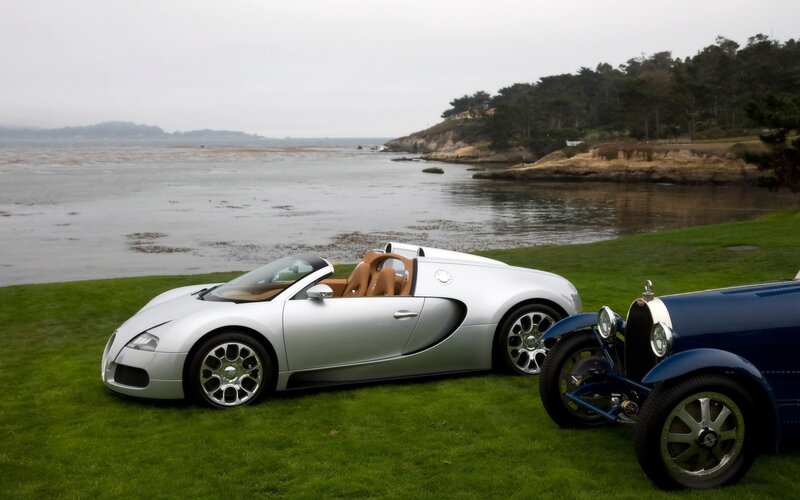 Bugatti cars by the coast