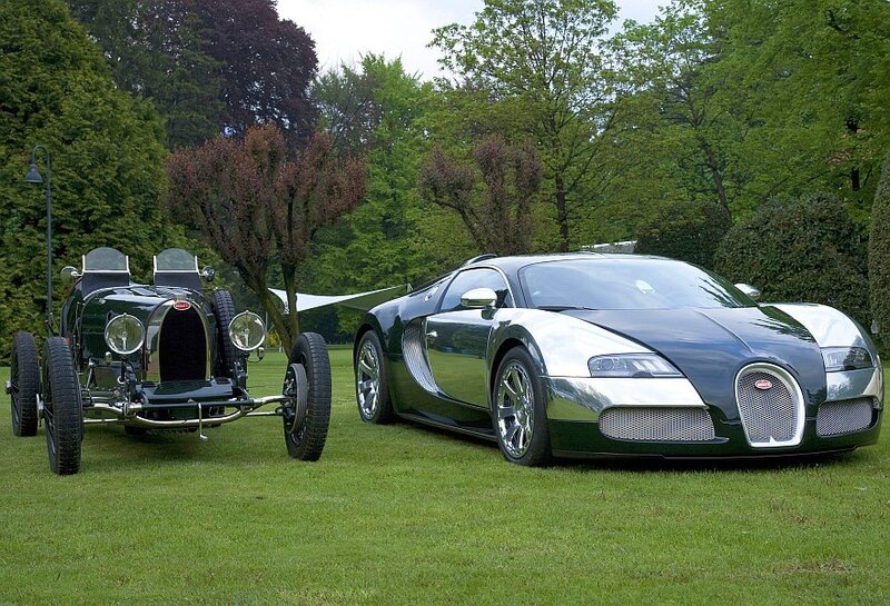 Bugatti cars on a lawn