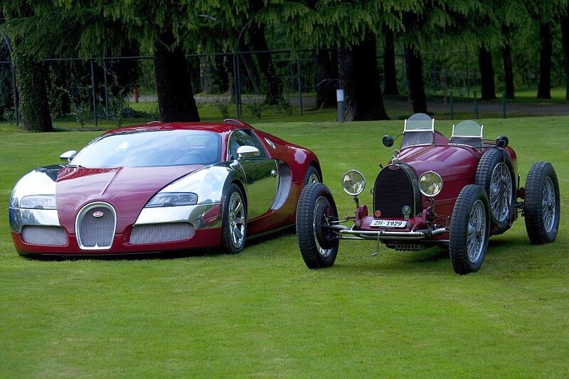 Bugatti cars on a lawn