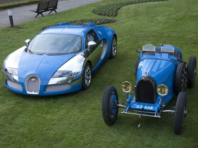 Bugatti cars on a lawn