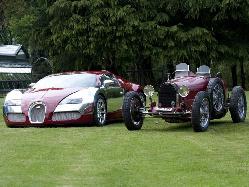 Bugatti cars on a lawn