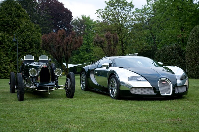 Bugatti cars on a lawn
