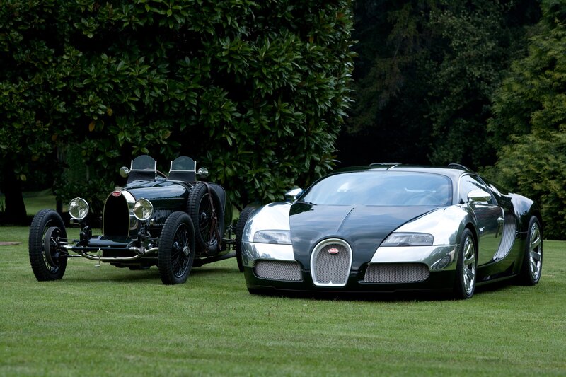 Bugatti cars on a lawn
