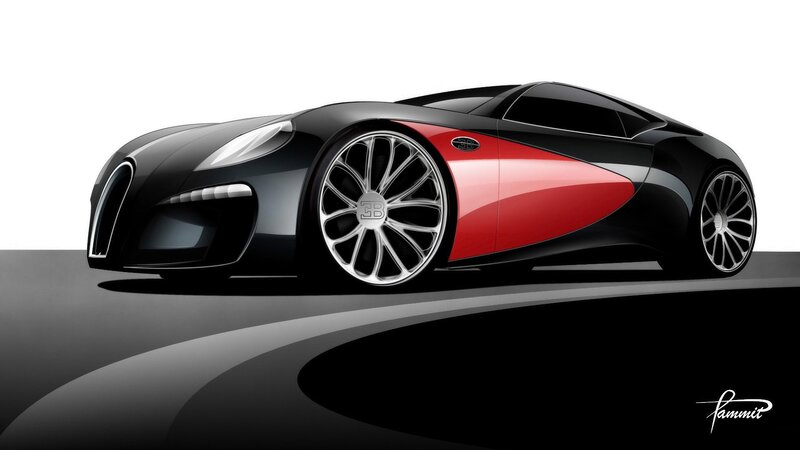 Bugatti Concept Car — Black, Dramatic, Digital Art, Wheel, Red Accent
