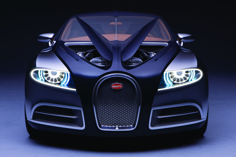 Bugatti Concept Car — Black, Dramatic, Photograph, Headlights, Grille, Hood, Blue