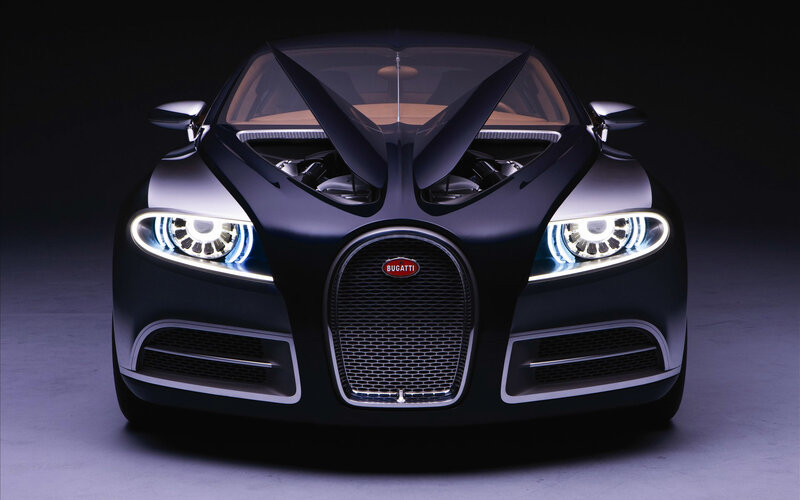 Bugatti Concept Car — Black, Dramatic, Photograph, Headlights, Grille, Hood, Silver