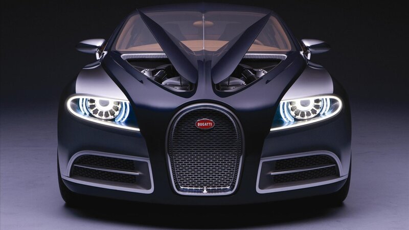 Bugatti Concept Car — Black, Dramatic, Photograph, Headlights, Grille