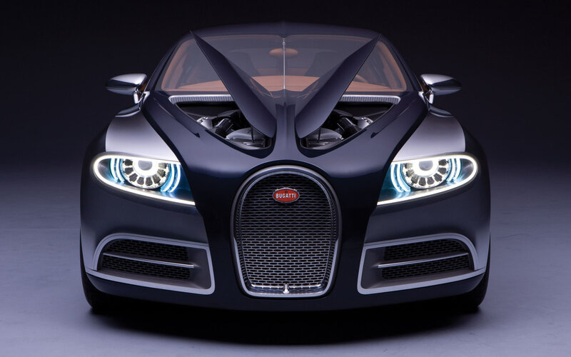 Bugatti Concept Car — Black, Dramatic, Photograph, Headlights