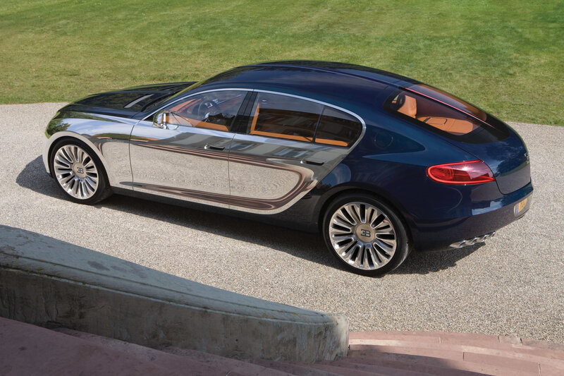Bugatti Concept Car — Blue, Serene, Afternoon, Photograph, Grass, Pavement, Silver