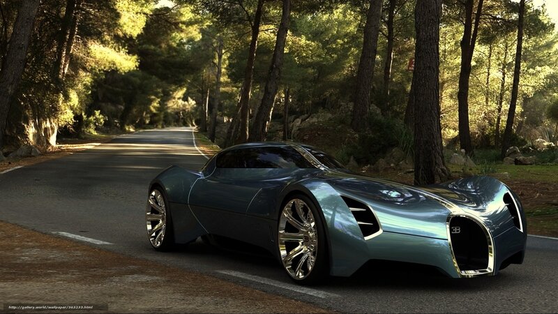 Bugatti concept car on forest road