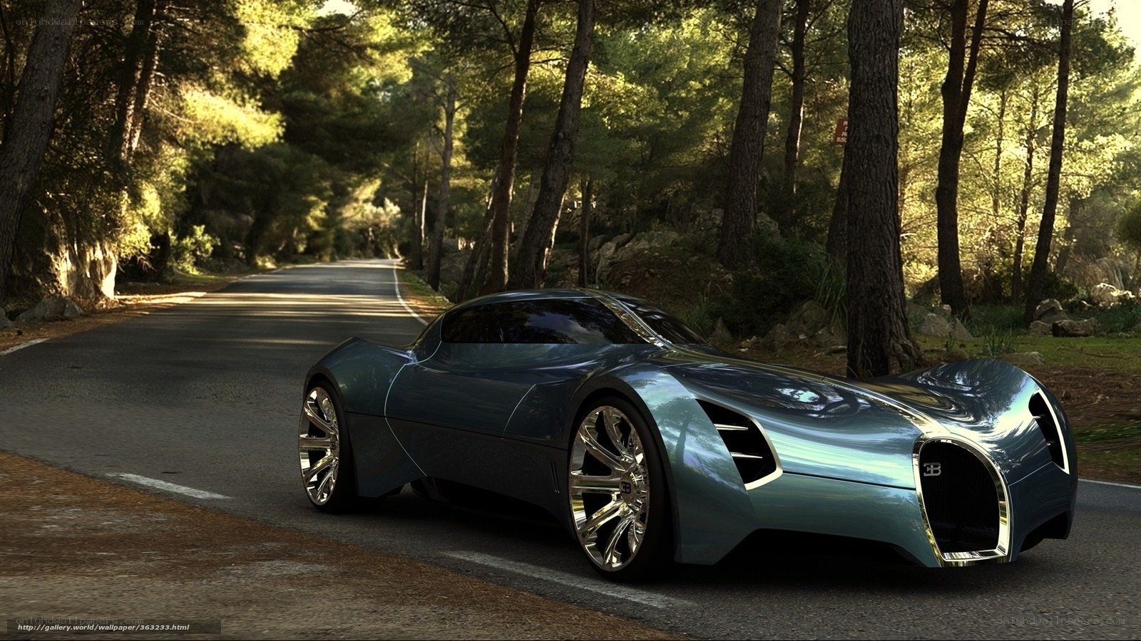 Bugatti concept car on forest road