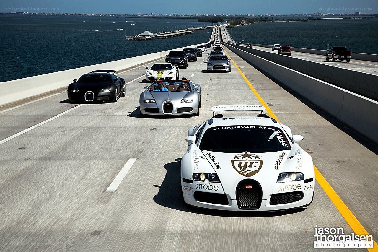 Bugatti convoy on a bridge