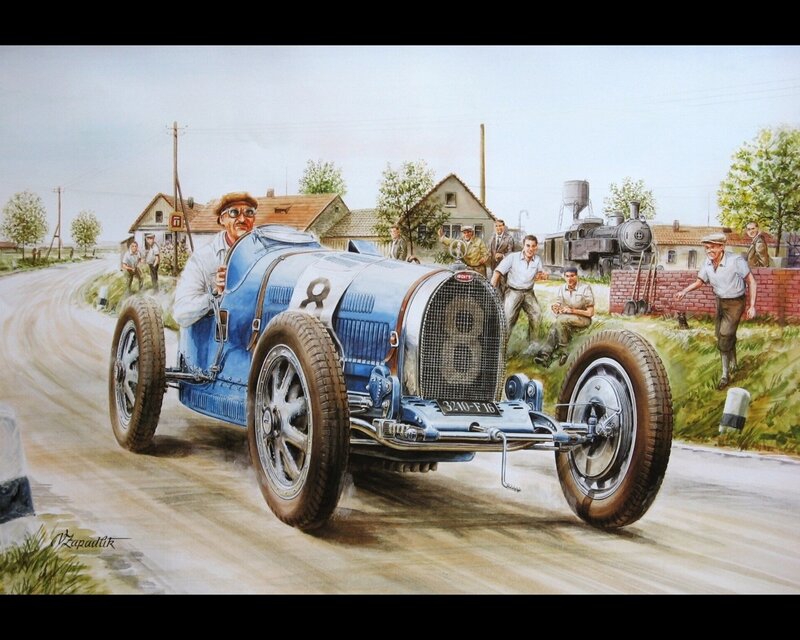 Bugatti race car on country road