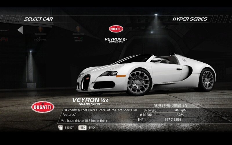 Bugatti Veyron 164 selection screen