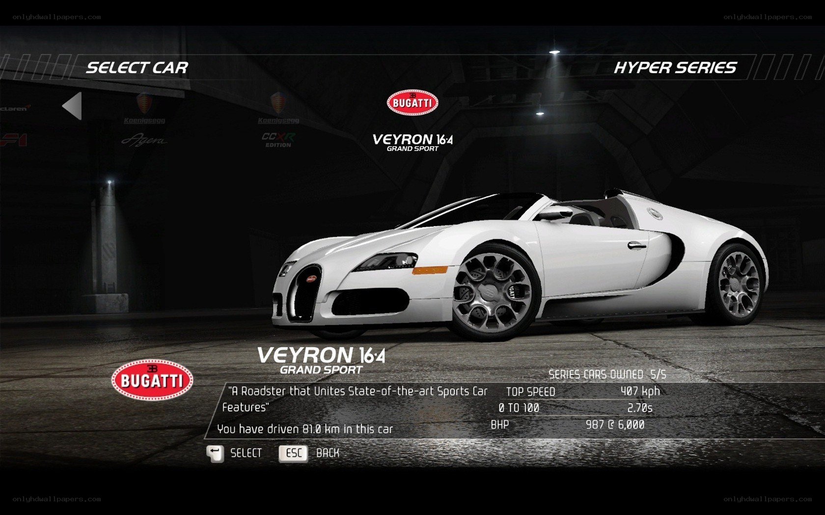 Bugatti Veyron 164 selection screen