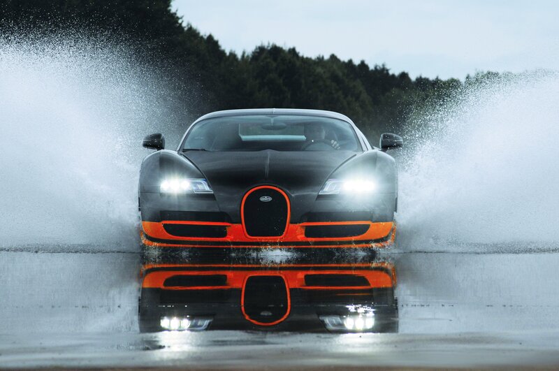 Bugatti Veyron Car — Black, Dramatic, Photograph, Water, Trees, Orange