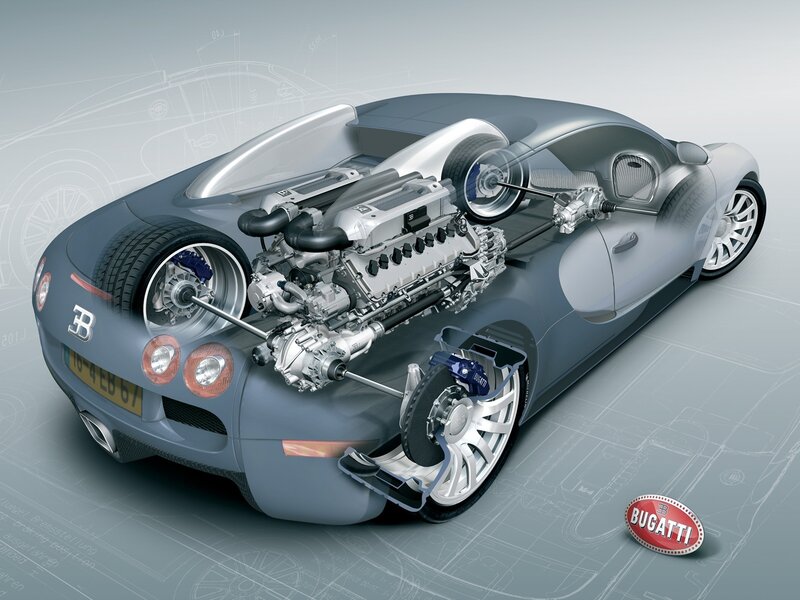 Bugatti Veyron Engine — Gray, Technical, 3d Render, Car, Tires
