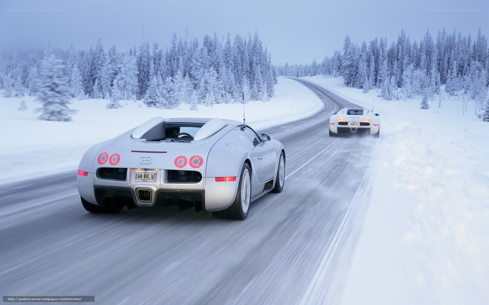 Bugatti Veyron on snowy road