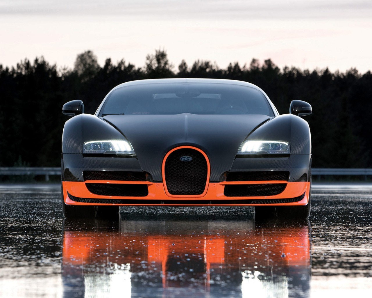 Bugatti Veyron on wet road