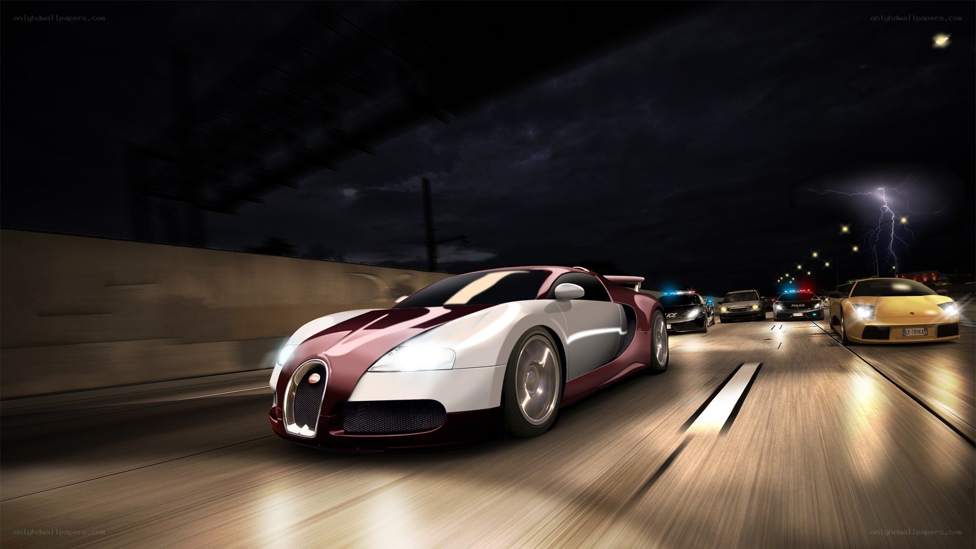 Bugatti Veyron racing at night