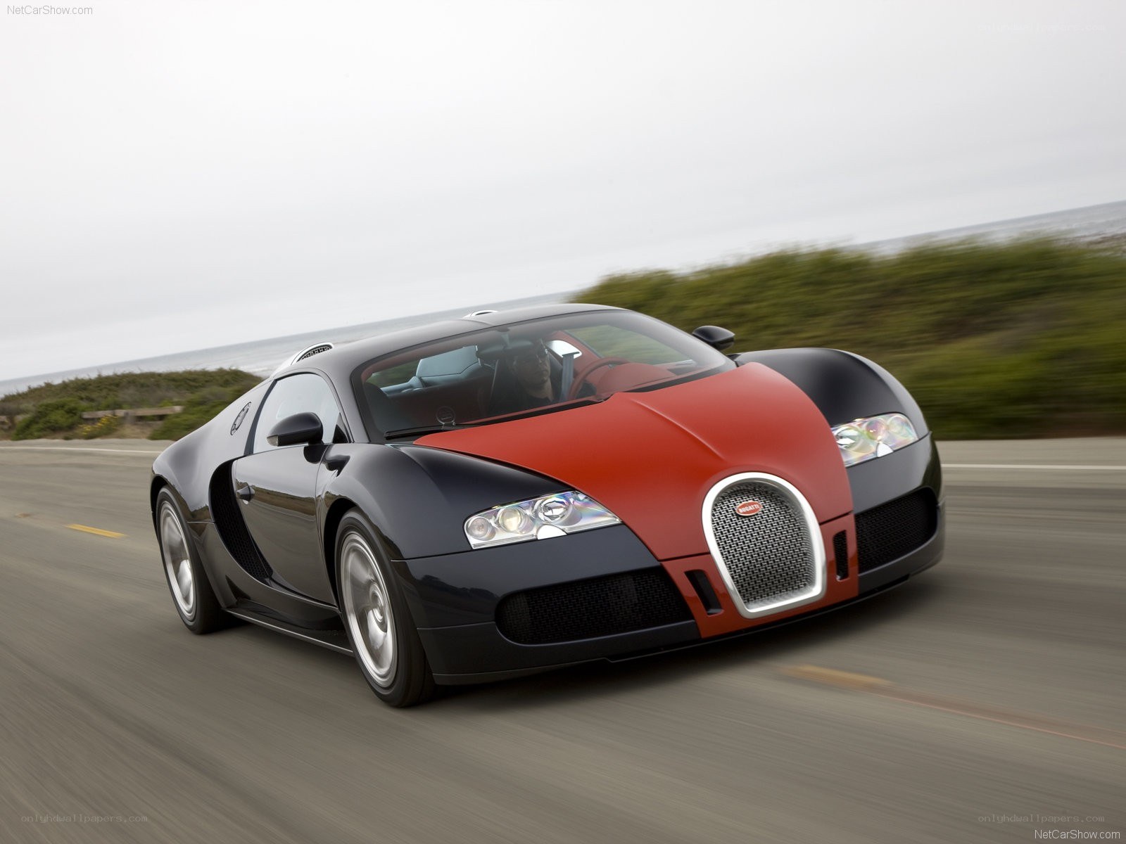 Bugatti Veyron speeding on coastal road