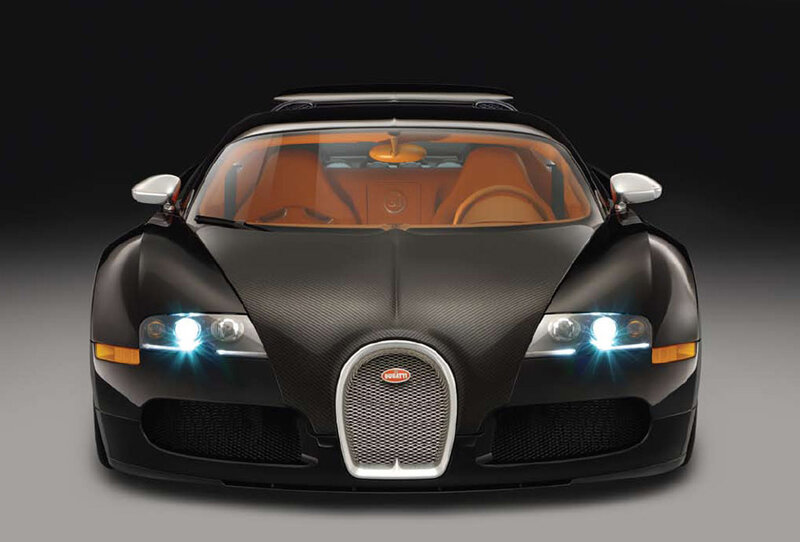 Bugatti Veyron Supercar — Black, Dramatic, Photograph, Carbon Fiber, Orange Interior