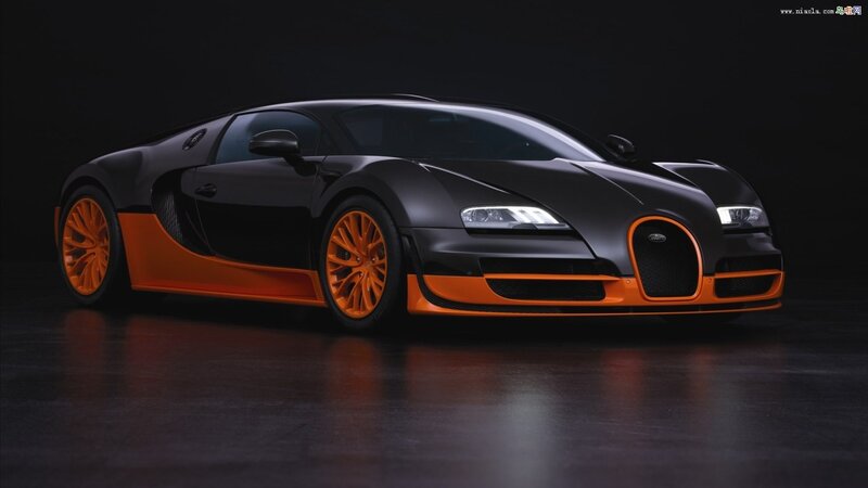Bugatti Veyron Supercar — Black, Dramatic, Photograph, Orange Wheels, Carbon Fiber, Headlights