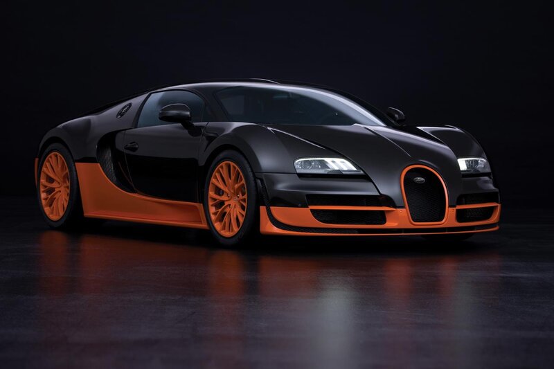 Bugatti Veyron Supercar — Black, Dramatic, Photograph, Orange Wheels