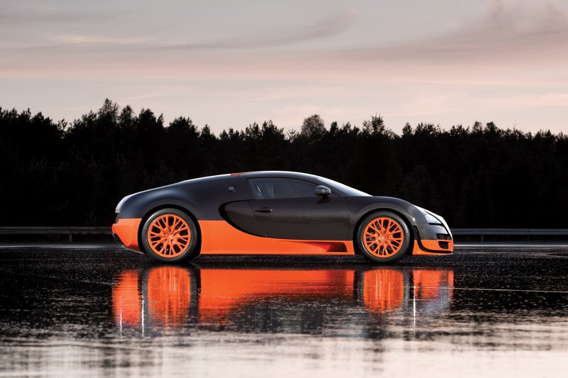 Bugatti Veyron Supercar — Black, Dramatic, Sunset, Photograph, Wet Pavement