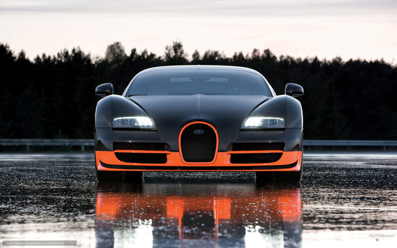 Bugatti Veyron Supercar — Black, Dramatic, Sunset, Photograph, Wet Road